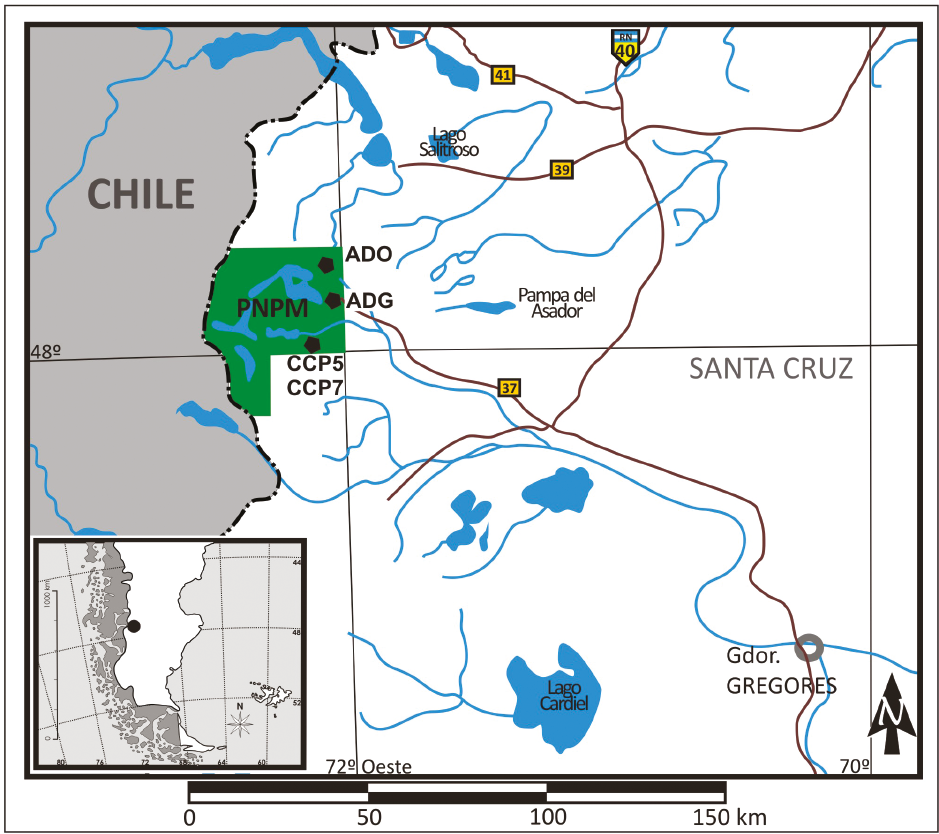Ubicación de los sitios Cerro Casa de Piedra 5 y 7 (CCP5 y CCP7), Alero Dirección Obligatoria (ADO) y Alero Destacamento Guardaparque (ADG), en el Parque Nacional Perito Moreno, Centro Oeste de Santa Cruz, Argentina.