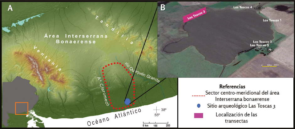 A Localización del sitio arqueológico TO3 y área de estudio B Imagen satelital de Laguna Las Toscas