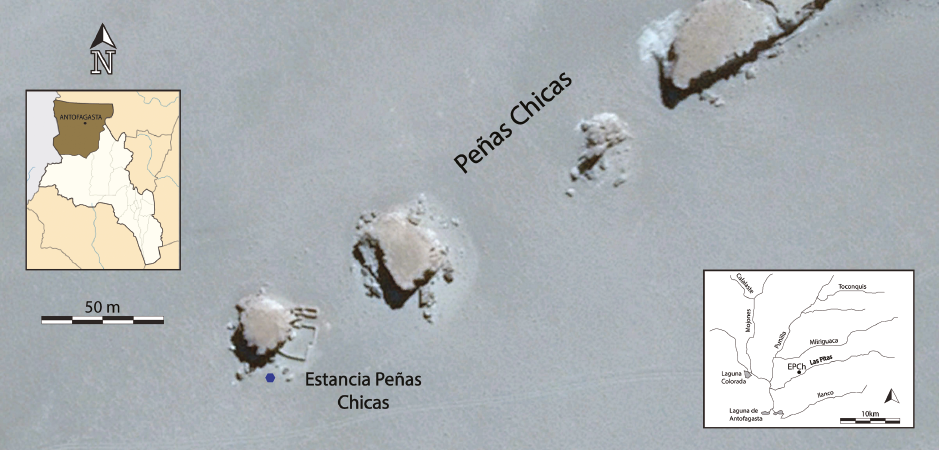 A la izquierda, departamento de Antofagasta de la Sierra en la provincia de Catamarca. A la derecha, el río Las Pitas en la cuenca. En el centro, la estancia en las Peñas Chicas. Fuente: imagen satelital Google Earth.