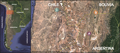 Localización del área de estudio en la zona más austral de América del Sur y detalle de esta, donde se señala la ubicación de las tres localidades de muestreo: A (áreas Lapao y Punta de la Pista), B (áreas Cieneguillas y Santa Catalina) y C (área Taira).