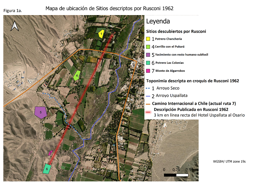 Ubicación actual del sitio Osario Potrero Las Colonias y sitios cercanos excavados por Rusconi (1962) en el valle de Uspallata.