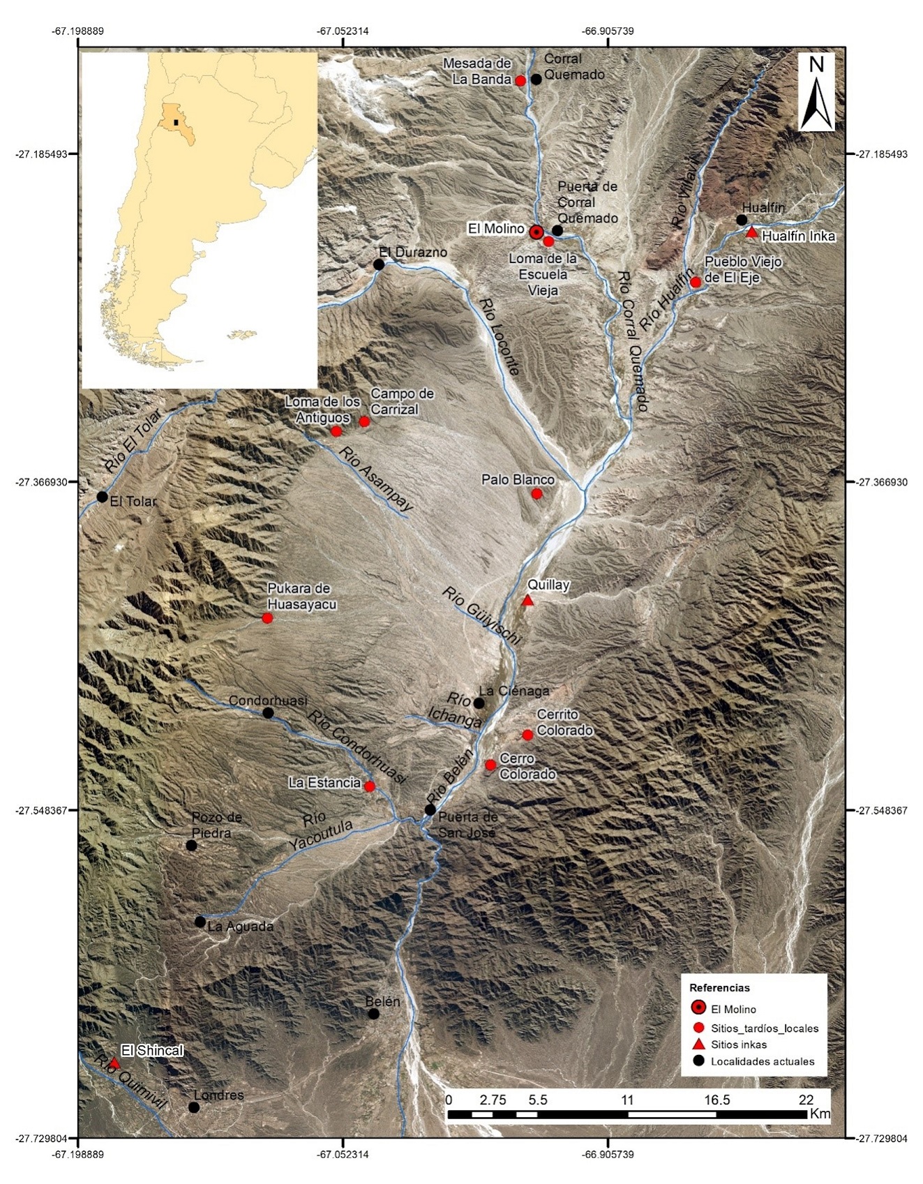 Mapa del Valle de Hualfín, con la indicación del sitio arqueológico EM y otros sitios tardíos e inkas.