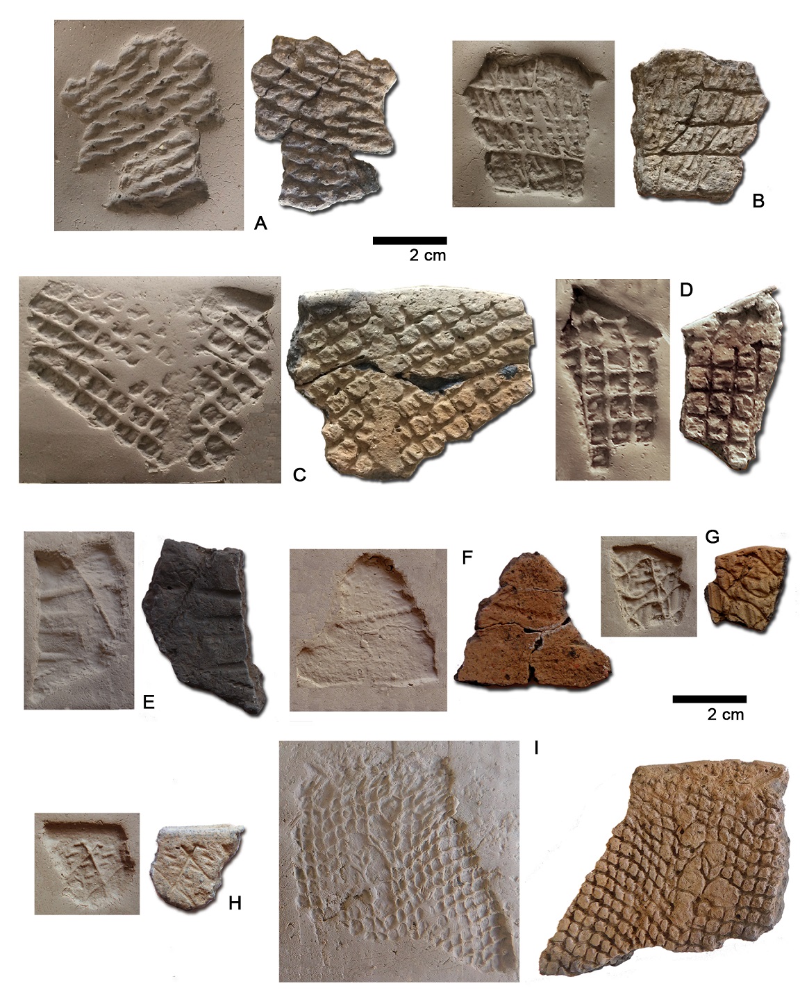 Improntas textiles en fragmentos cerámicos procedentes de los sitios arqueológicos Arroyo Cululú 1 (A, B, C, D); Familia Primón (E, F, G); Campo Cervi (H) y Ombú de Basualdo (I). A la izquierda de cada fragmento, los moldes positivos realizados.