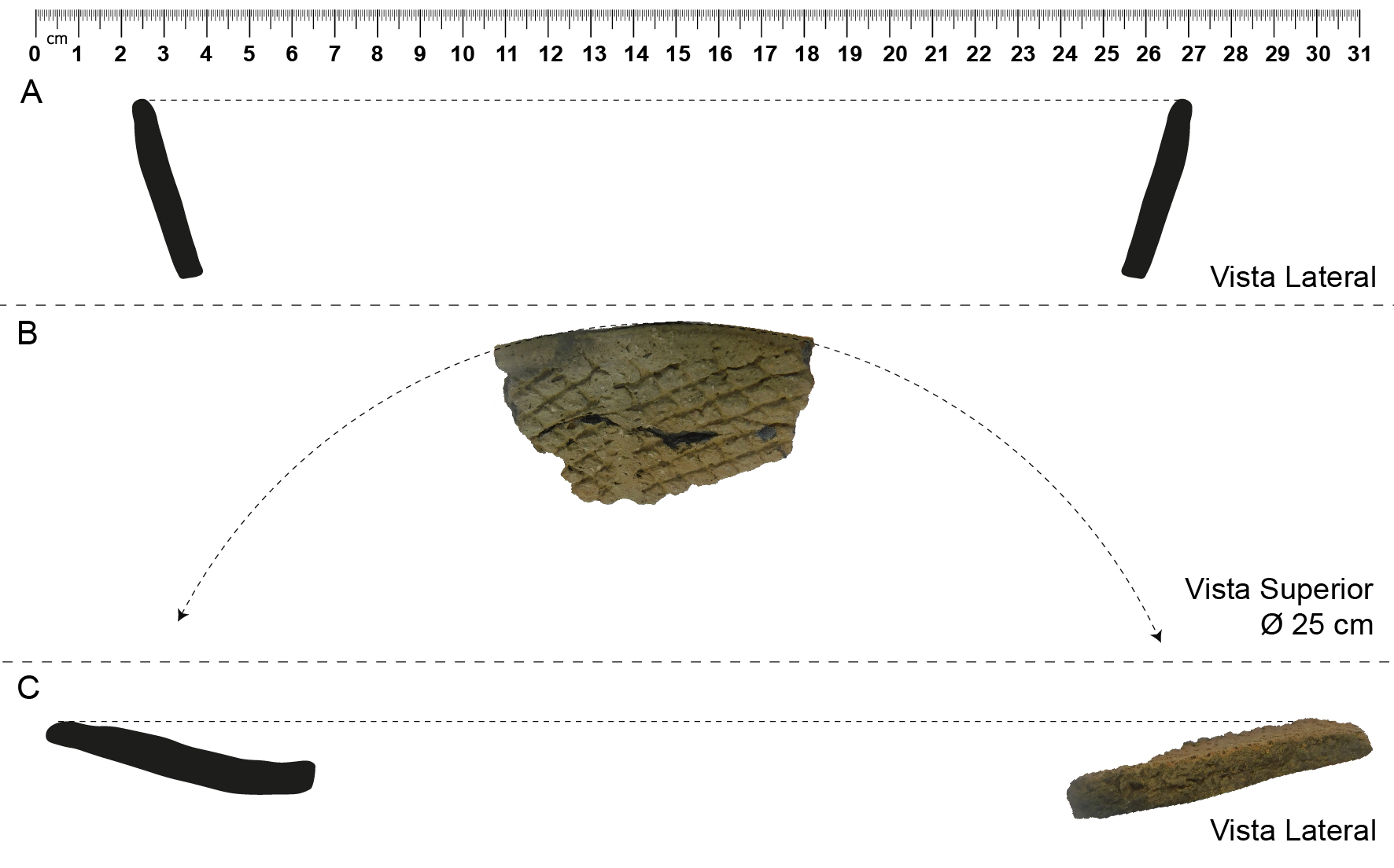 Morfologías cerámicas estimadas: A) Cuenco (sitio Arroyo Cululú 1); B) Cuenco (sitio Arroyo Cululú 1); C) Plato (sitio Ombú de Basualdo).