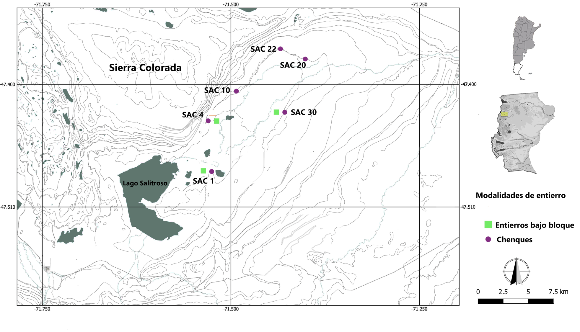 Mapa de la ubicación de los sitios de entierro en la cuenca del lago Salitroso.